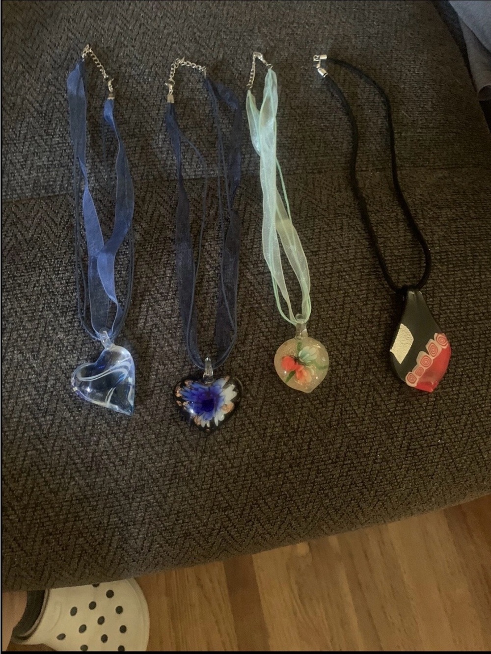 4 Handcrafted Floral Glass Heart Pendant Necklace - Blue, Clear, Green, Black